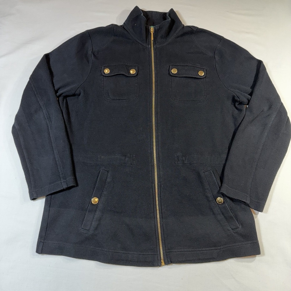 Lauren Ralph Lauren Black Full-Zip Sweater Jacket Gold Snap Petite Large Womens